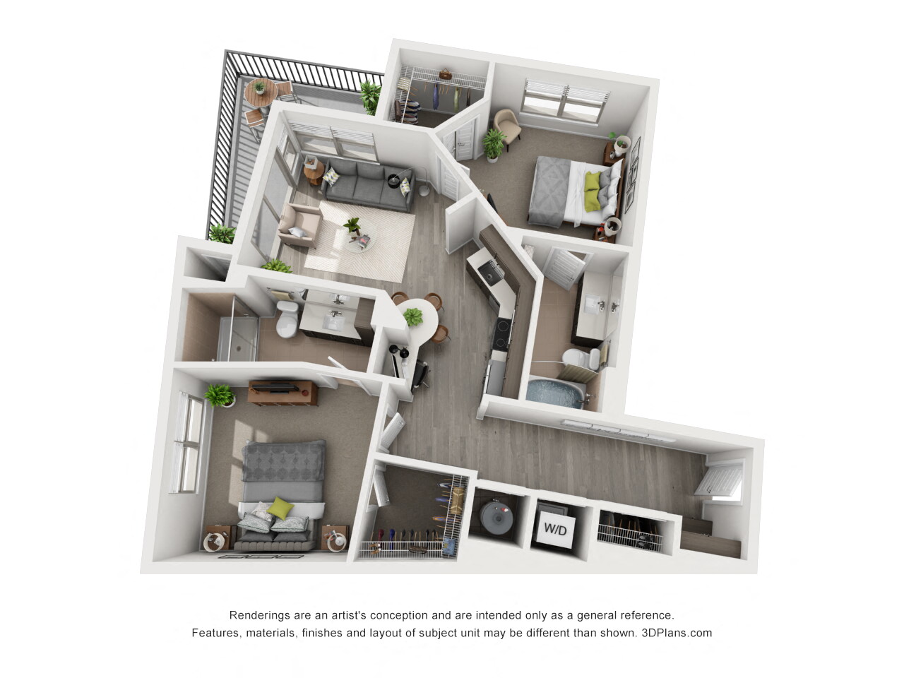 Floor plan for 2 beds, 2 baths, 1059 sqft